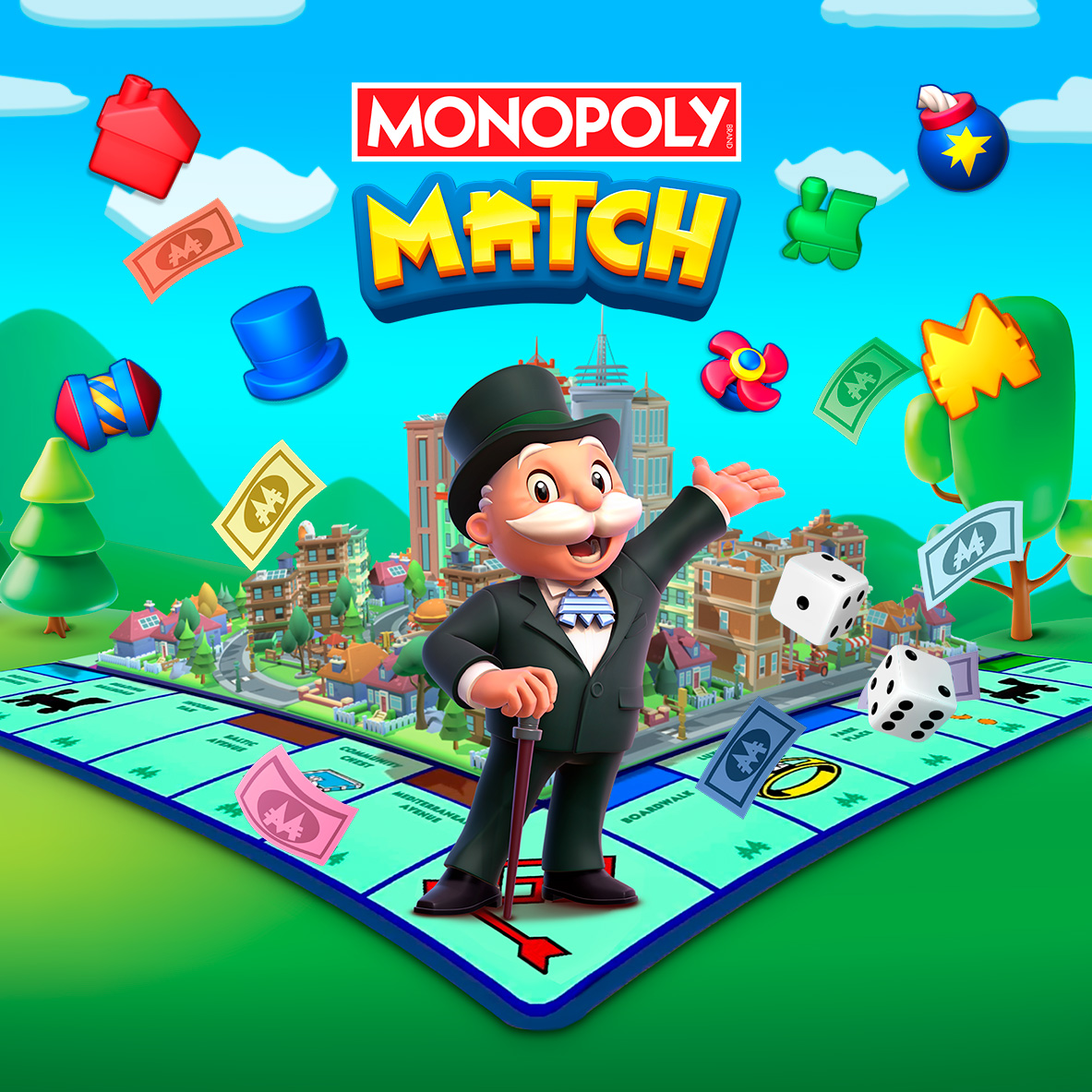 Monopoly Match launch key art with Mr. Monopoly on the game board