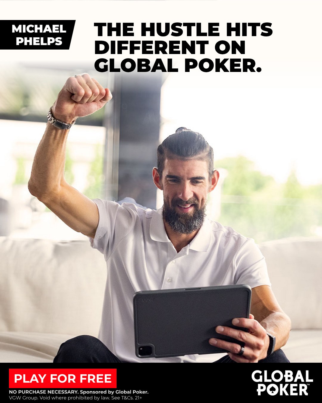 Global Poker social ad: Michael Phelps celebrating with a tablet. The hustle hits different on Global Poker.