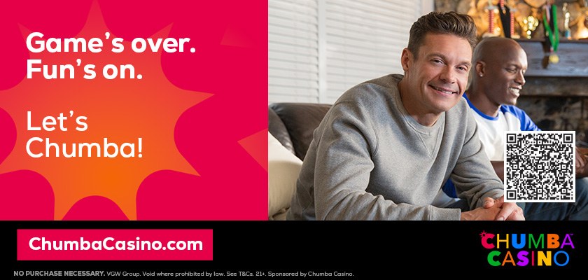 Chumba Casino billboard: Ryan Seacrest on a sofa with a sports fan. Game’s over. Fun’s on. Let’s Chumba!