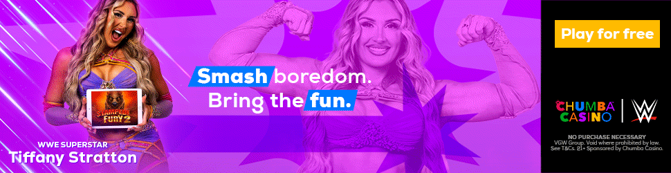Animated Chumba Casino display banner with Tiffany Stratton: Smash boredom. Bring the fun. Play for free.