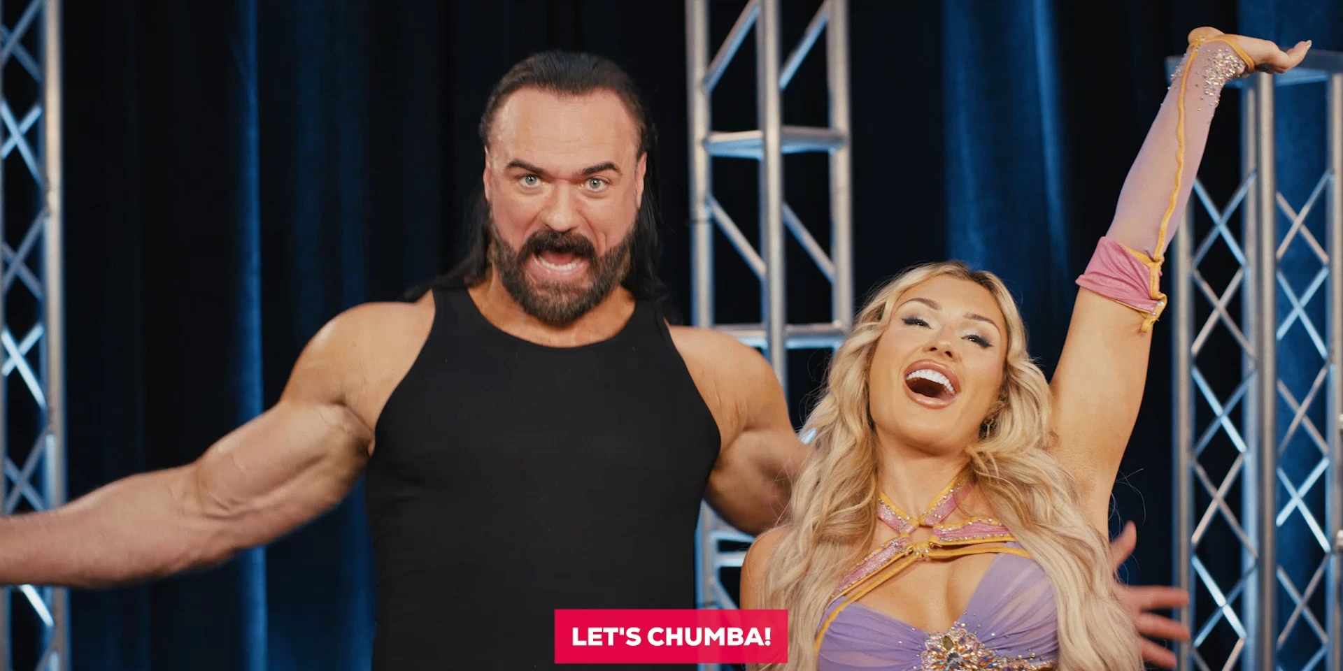 Drew McIntyre and Tiffany Stratton backstage in the Chumba Casino film, caption reading Let's Chumba